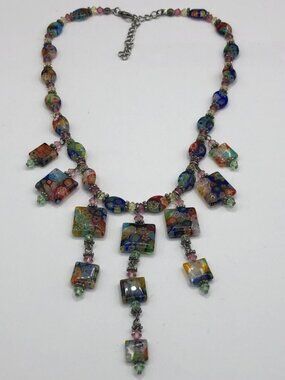 Millefiori art glass Murano style drape boho statement necklace free bracelet
